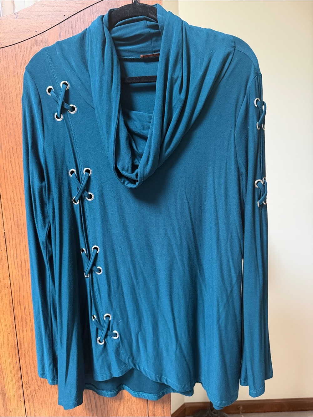 Belldini Teal Lace-Up Cowl Neck Long Sleeve Top